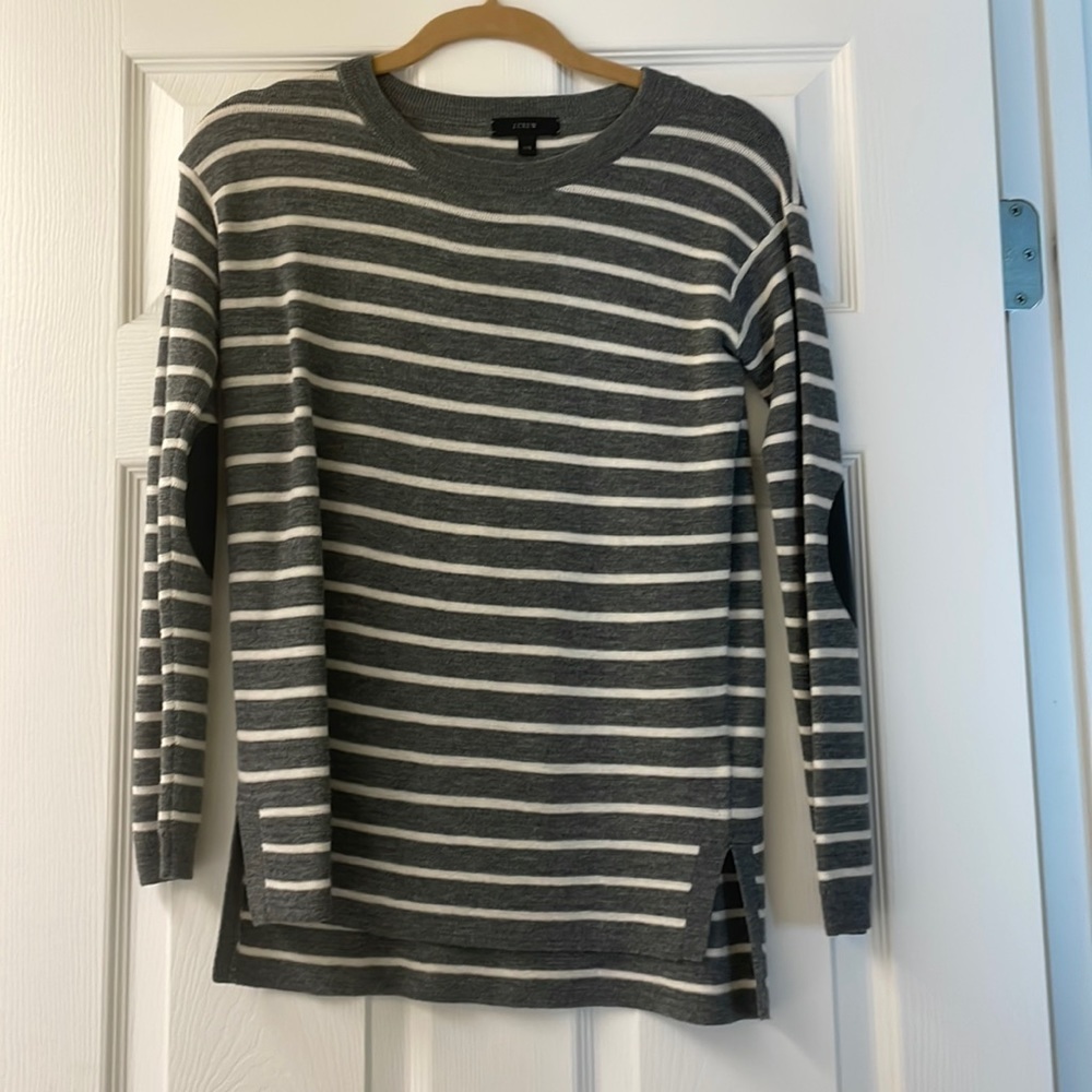 J.Crew Gray & White Striped Merino Wool Sweater – Leather Elbow Patches